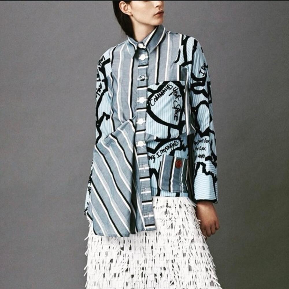 Teatum Jones Rare Patchwork Lagenlook Split Hem Flare Sleeves Button Down Size 8